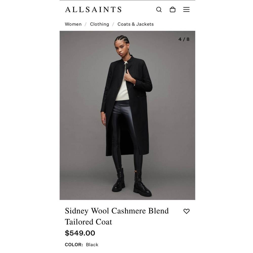 All Saints Sidney Wool Cashmere Blend Tailored Coat